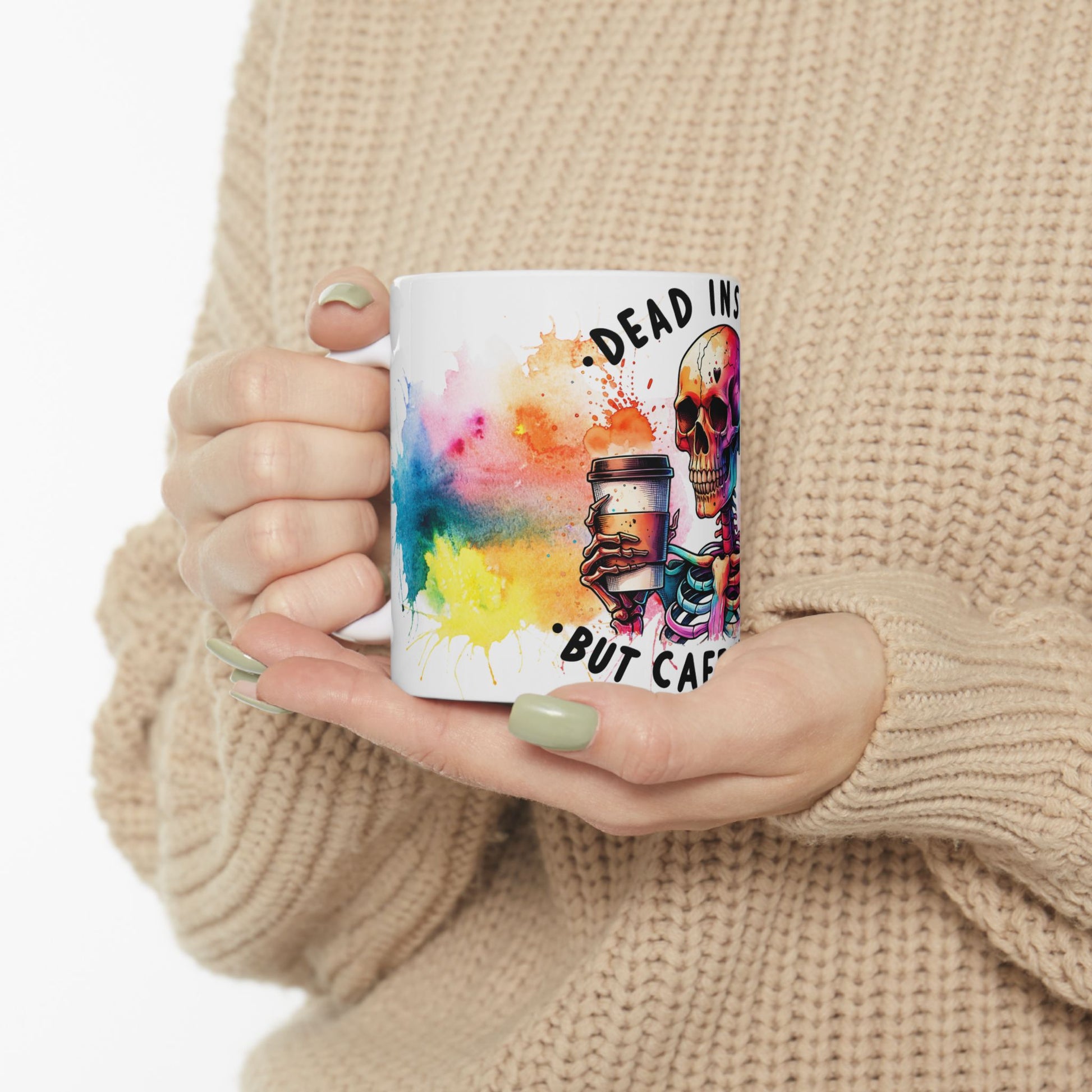 Colorful Skull Mug with Dark Quote: Dead Inside, Perfect for Coffee Lovers
