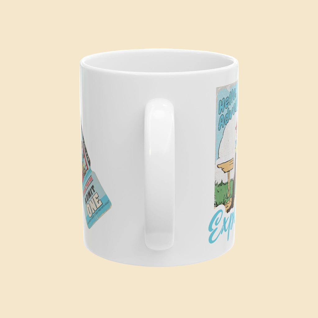 White mug with comic strip design on a white background