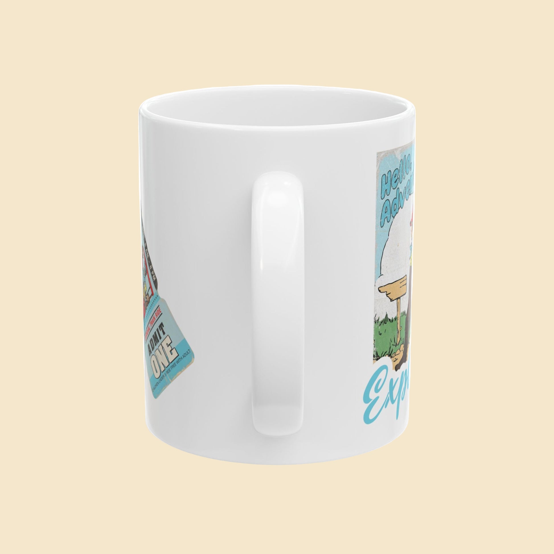 White mug with comic strip design on a white background