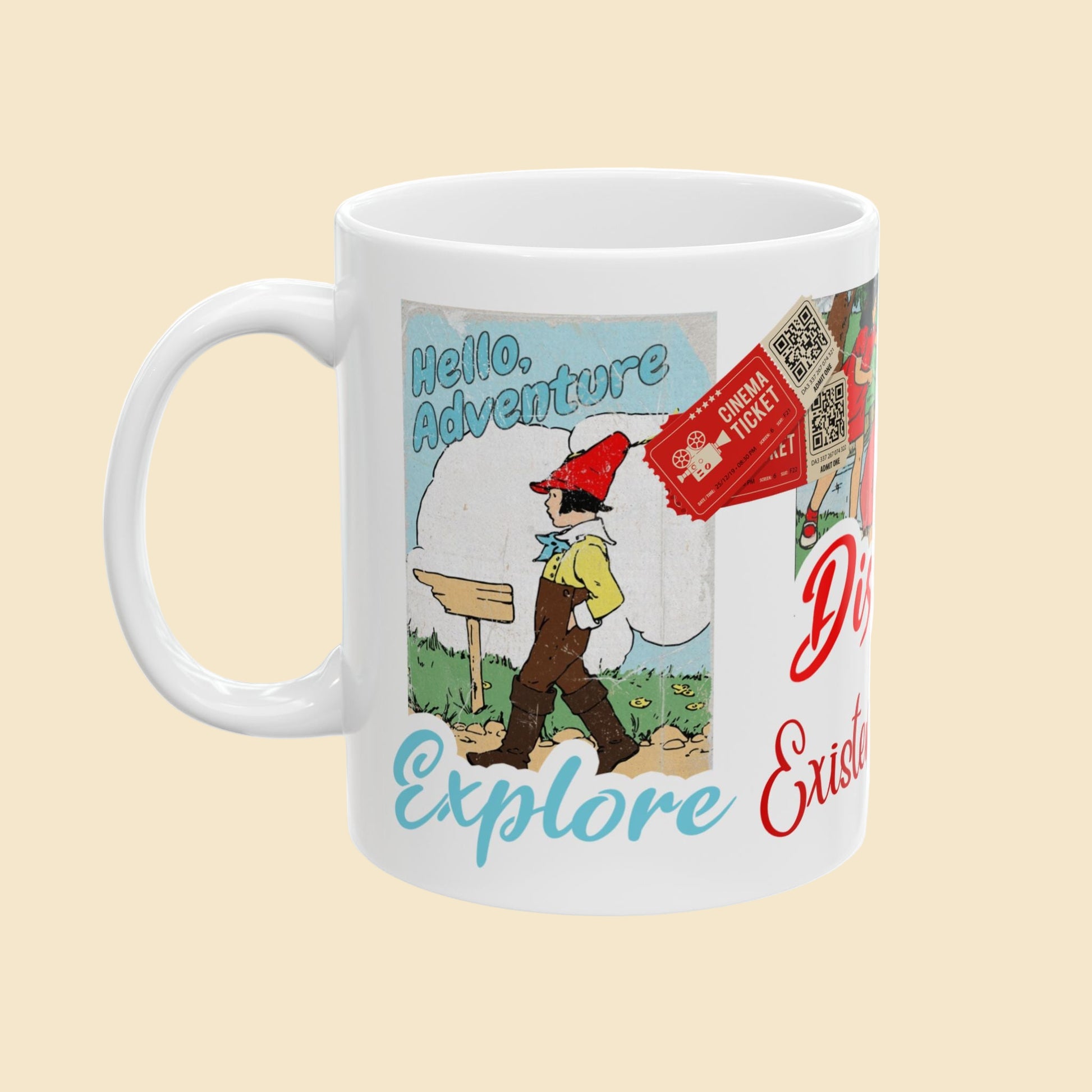 Mug with a vintage-style design featuring a character and text on a white background
