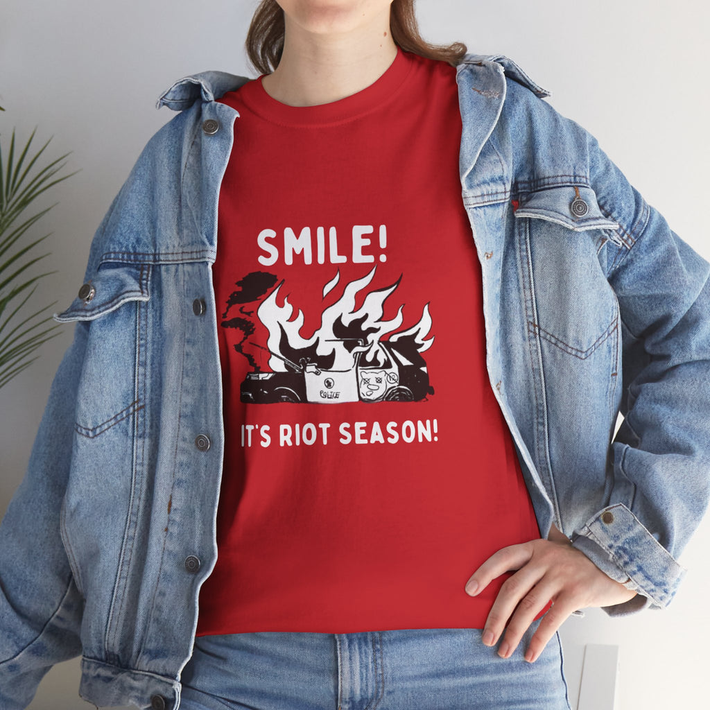Retro Political Humor Tee – “Smile! It’s Riot Season!” Unisex Shirt