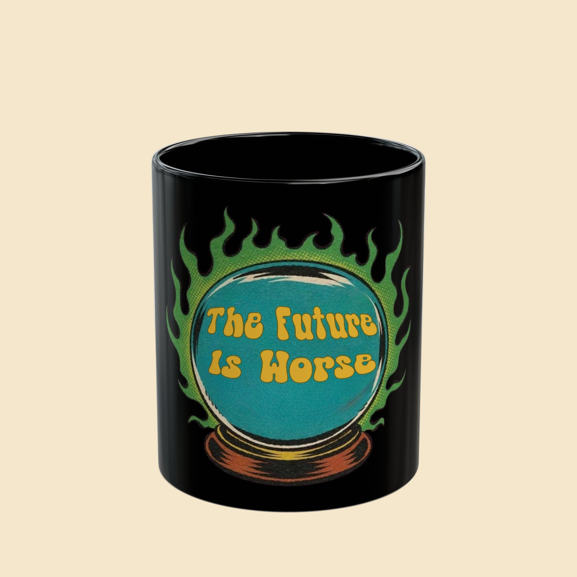 Black mug with a blue crystal ball design and 'The Future Is Horse' text on a white background