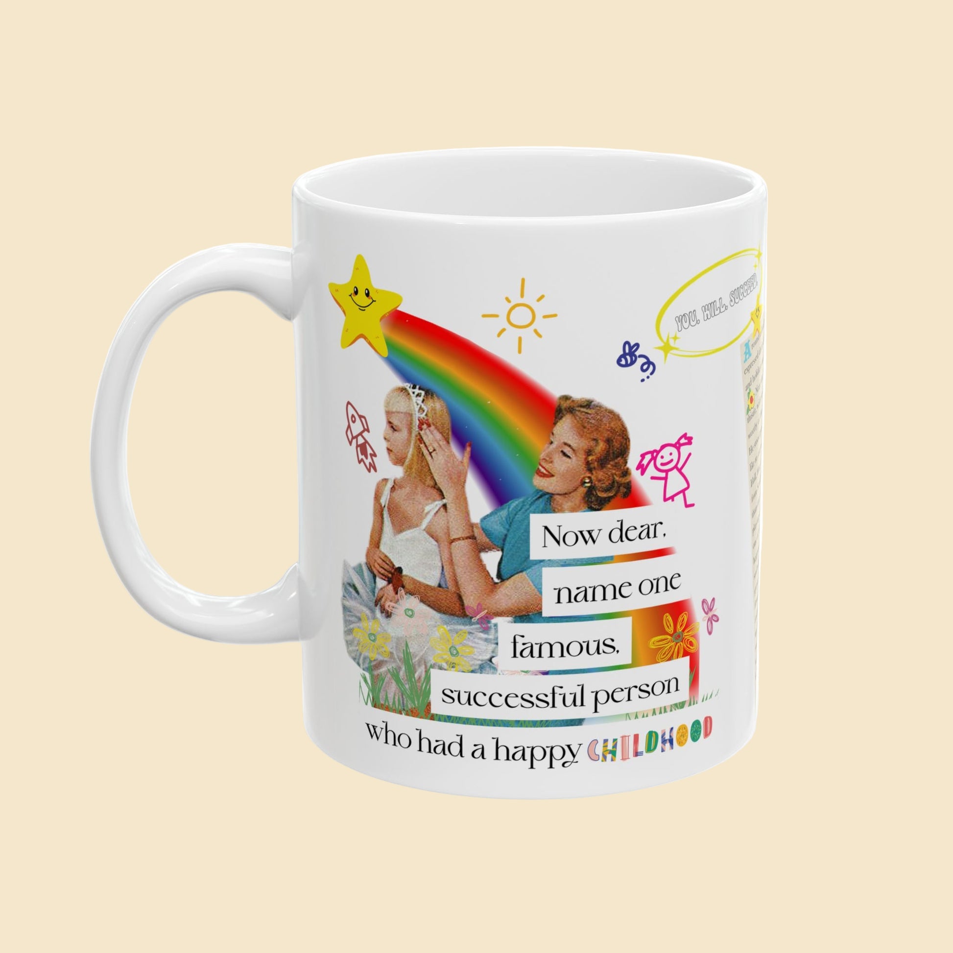 White mug with colorful graphics and text on a white background